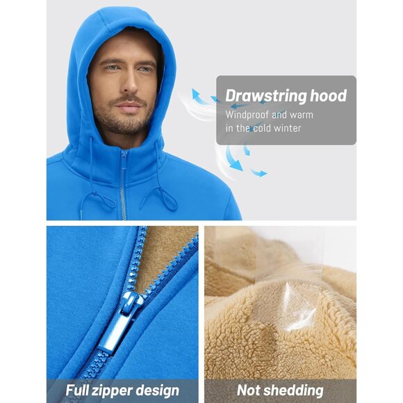 Mens Winter Hoodie Full Zip Fleece Sherpa Lined Warm Blue Casual Sweatshirt - Picture 4 of 6
